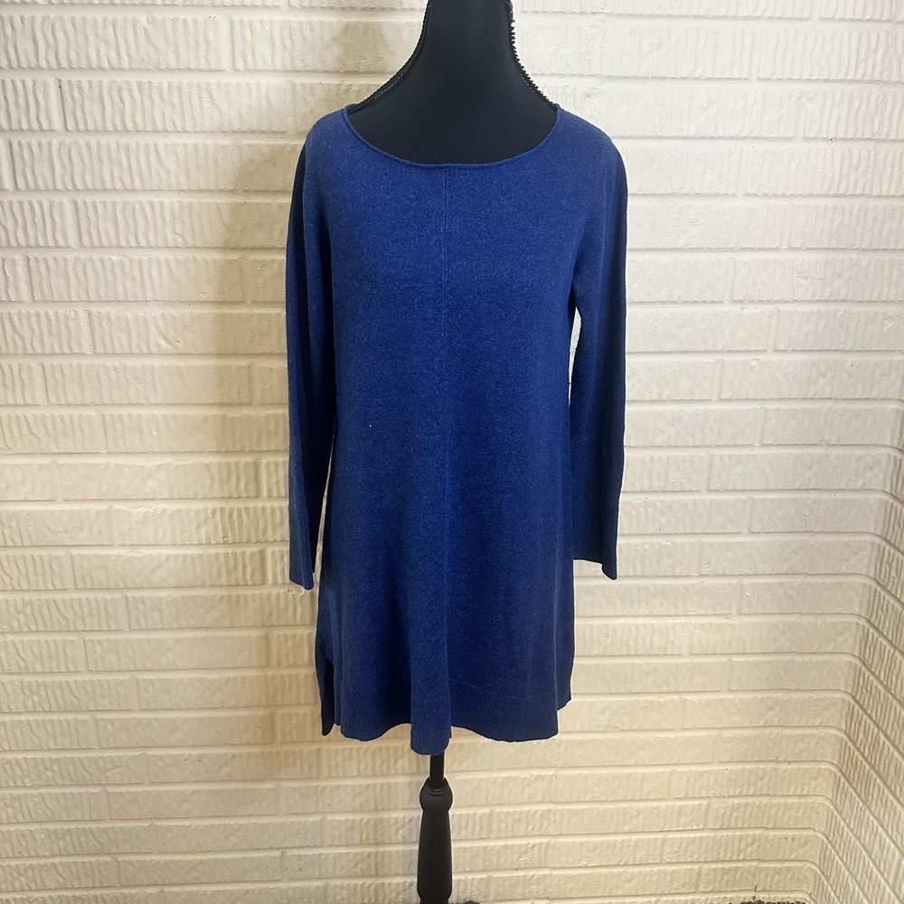 Eileen Fisher Fine Merino Wool Jersey Ballet Neck Tunic Sweater Dress Blue Sz S